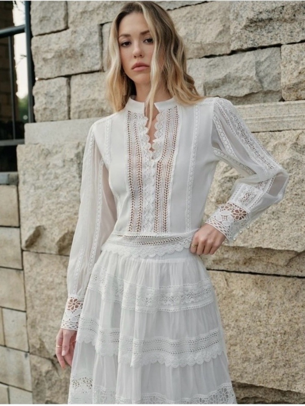 Commense White Crochet Lace Maxi set Long Sleeves - Picture 3 of 9